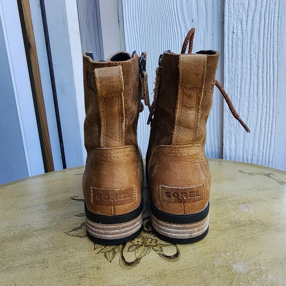 Sorel Sz 7.5 Brown Leather Emelie Short Lace Waterproof Boots Moto NL3310-224